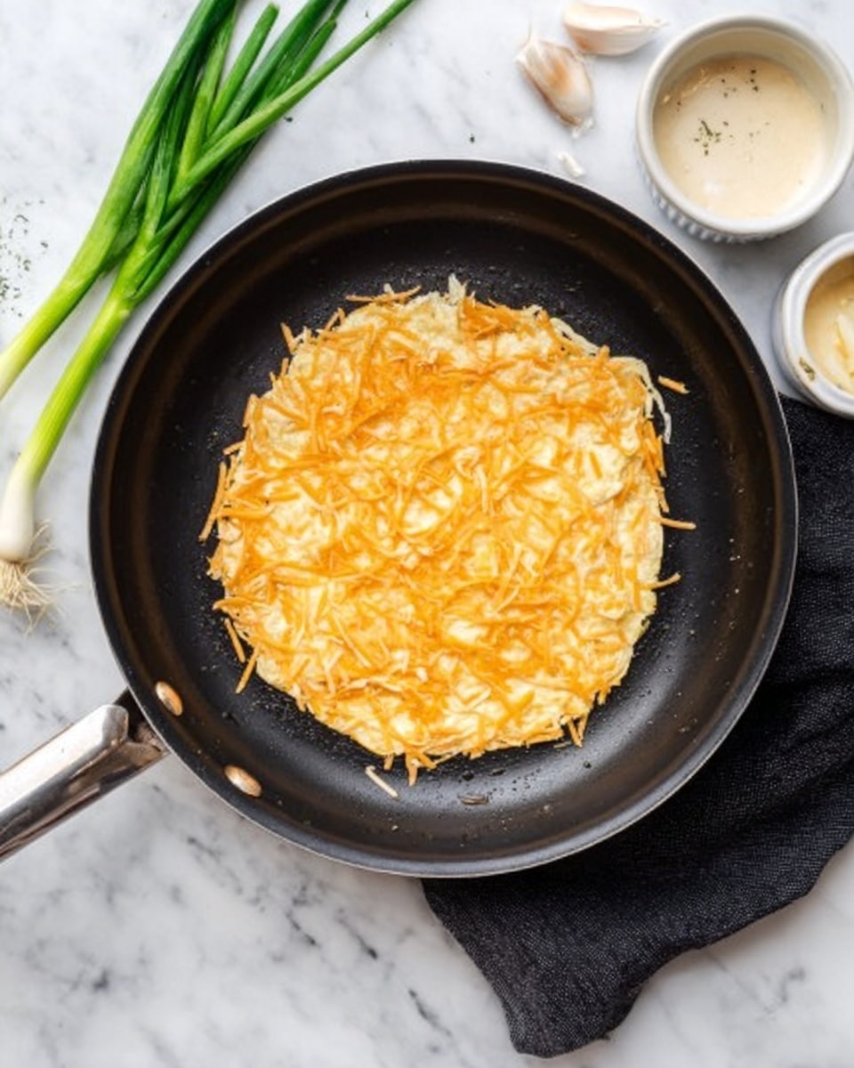A single round layer of shredded light orange and white cheese melts evenly in the center of a black frying pan, with a shiny, oily surface reflecting light around the edges. The pan sits on a white marbled texture, next to a black cloth. Nearby, on the surface, are small white bowls holding creamy white sauce, dried herbs, and thin pale yellow slices, alongside three green onions with white bulbs and long green stalks. Photo taken with an iphone --ar 4:5 --v 7
