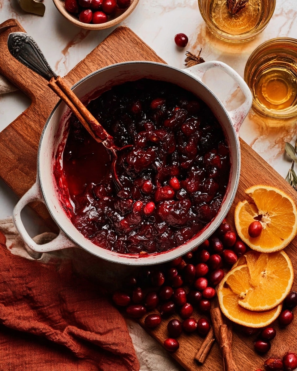 A round white pot sits in the center filled with a large layer of bright red cranberries covering most of the pot, with two orange halves placed on the left side inside the pot. Around the pot, on a wooden cutting board, are several orange slices and wedges, a beige bowl with a wooden citrus reamer pressing into an orange half, a small black bowl filled with cinnamon sticks, and a small container of honey with a gold spoon. To the right of the pot, a knife with a cream-colored handle lies on a burnt orange cloth, next to a glass jar of brown spice with a spoon resting on top and a small white bowl of white sugar. The background is a white marbled surface, scattered with a few loose cranberries and a wooden bottle stopper nearby. Photo taken with an iphone --ar 4:5 --v 7