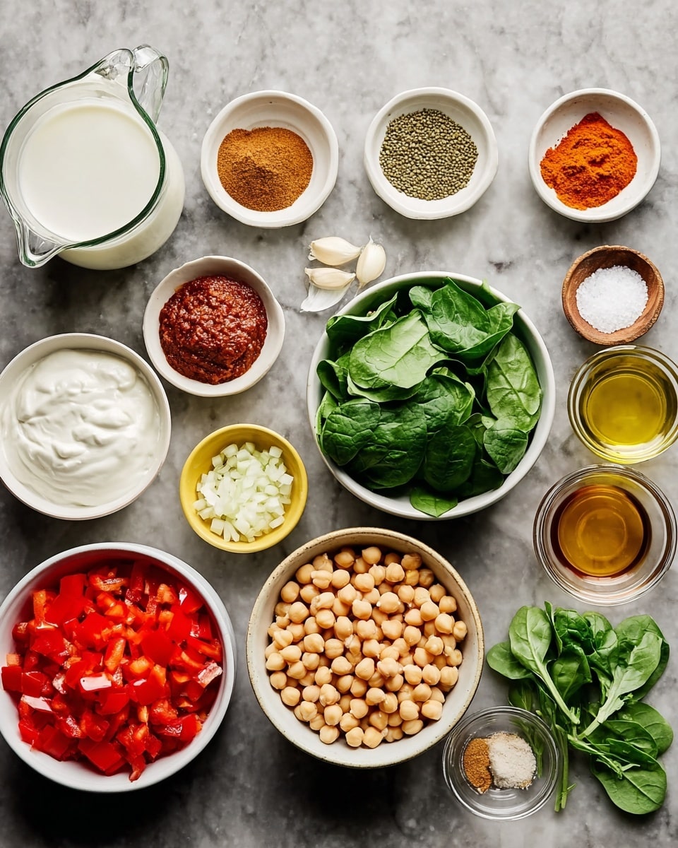 A variety of ingredients are arranged neatly on a white marbled surface. From left to right, there is a clear glass jug filled with a white liquid, small white bowls each containing different spices in brown, orange, and red tones, a white bowl with creamy white yogurt, and a small yellow bowl with chopped white onions. Below these are bowls with vibrant food items: a white bowl filled with fresh green spinach leaves in the center, a white bowl with beige chickpeas to the right, and another white bowl filled with bright red chopped bell peppers on the left. There are also small bowls with golden olive oil, a rich red paste, white minced garlic, a clear light brown liquid, and a small bowl of white salt. Fresh green herbs are placed on the far right. The colors are bright and the textures range from creamy to fresh and crunchy. photo taken with an iphone --ar 4:5 --v 7