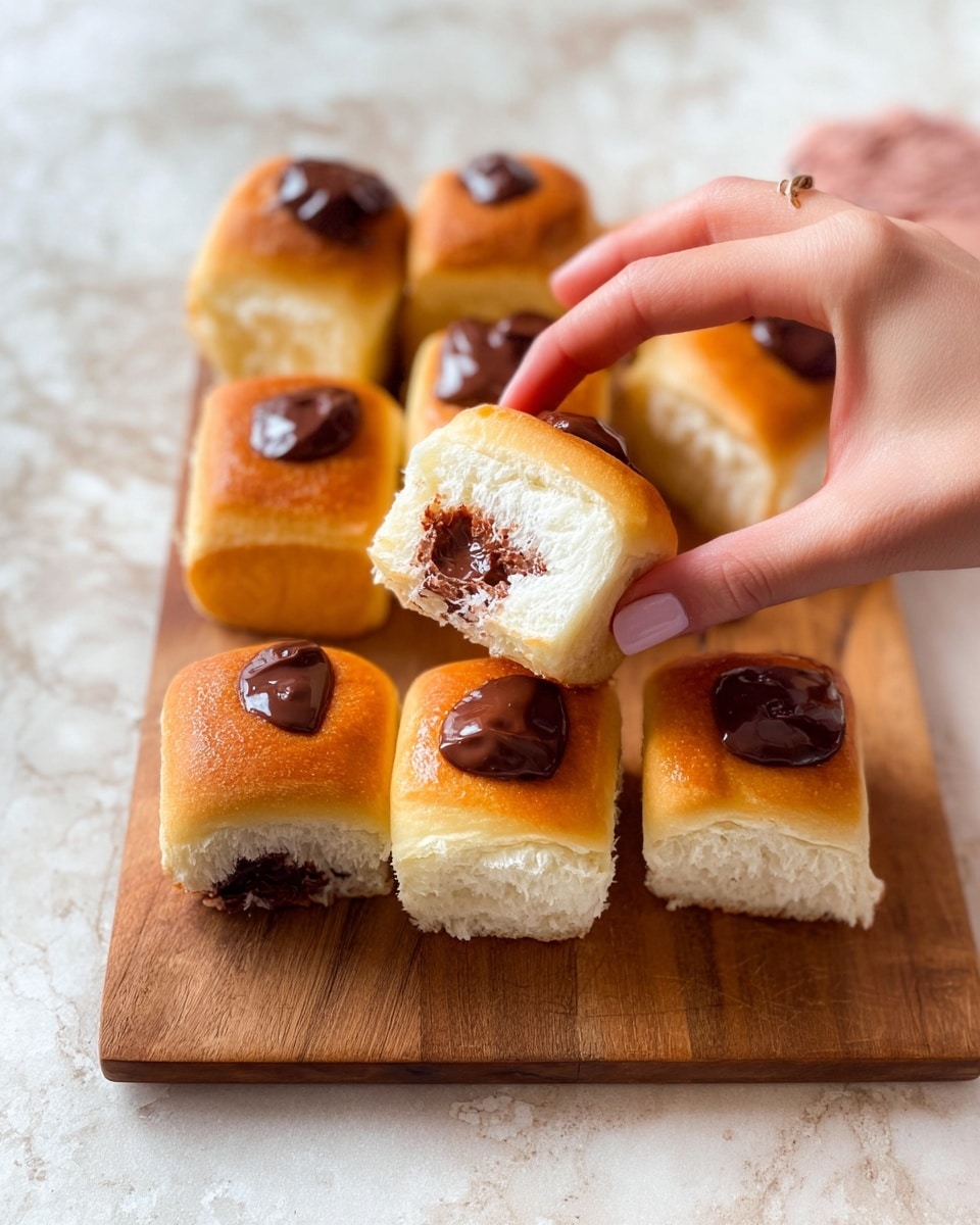 A woman's hand is holding a small soft bread square with a dollop of dark chocolate on top. On a wooden board below, there are more small bread squares, each with a similar chocolate dollop, arranged in rows. The bread has a light golden-brown crust and a fluffy white inside. Some pieces show melted chocolate inside, while others have the chocolate on top. The board is placed on a white marbled textured surface. photo taken with an iphone --ar 4:5 --v 7
