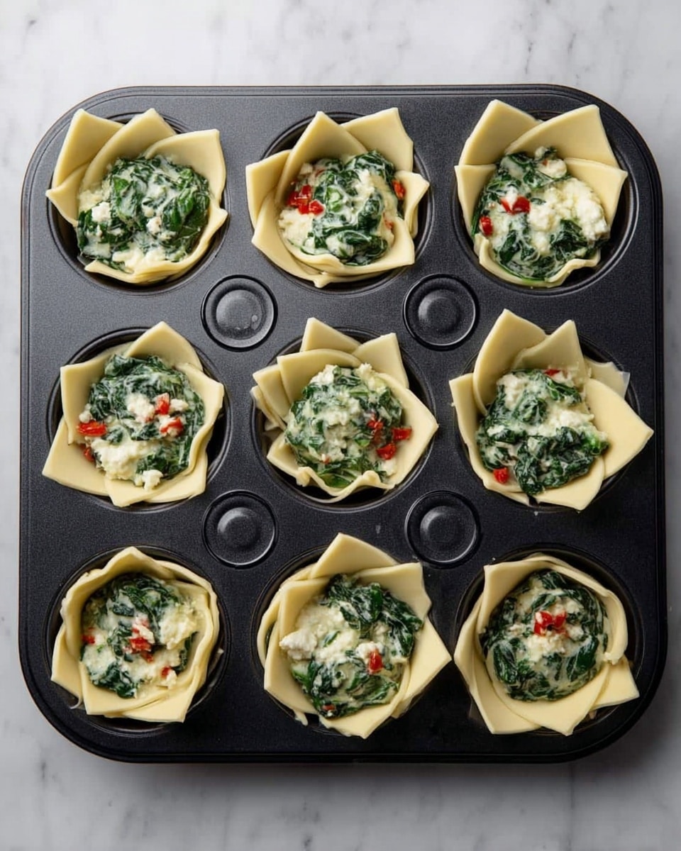A black metal muffin pan with nine cups is shown, eight of which are filled with thin, pale yellow dough squares that line each cup, with corners sticking out. Inside each dough cup is a mix of dark green chopped spinach, white creamy cheese, and small bits of red pieces scattered throughout. The pan is placed on a white marbled surface. photo taken with an iphone --ar 4:5 --v 7