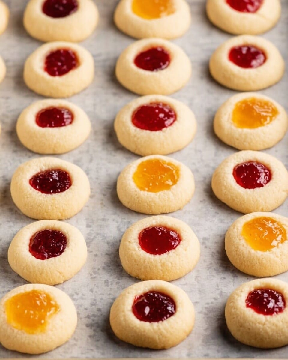 The image shows a baking tray lined with parchment paper, holding rows of round thumbprint cookies. Each cookie is pale and smooth with a small well in the center filled with bright jam. The jams alternate between a shiny red color and a vibrant orange color. The cookies are arranged in neat evenly spaced rows on the tray. The background is a white marbled texture. photo taken with an iphone --ar 4:5 --v 7