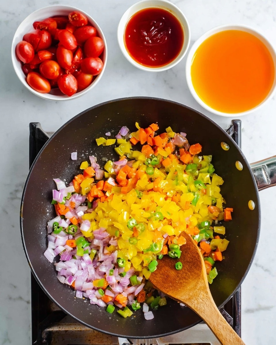 A large dark pan sits on a stove with a wooden spoon stirring a mix of colorful diced vegetables. The pan contains three visible layers: a base layer of finely chopped light purple onions and small carrot pieces, topped with a thicker layer of bright yellow bell peppers, and sprinkled with small green chili pieces over the top. Above the pan, three small white bowls are placed on a white marbled surface; the left bowl is filled with halved red cherry tomatoes, the middle bowl contains a bright orange liquid, and the right bowl holds a thick red sauce. Photo taken with an iphone --ar 4:5 --v 7