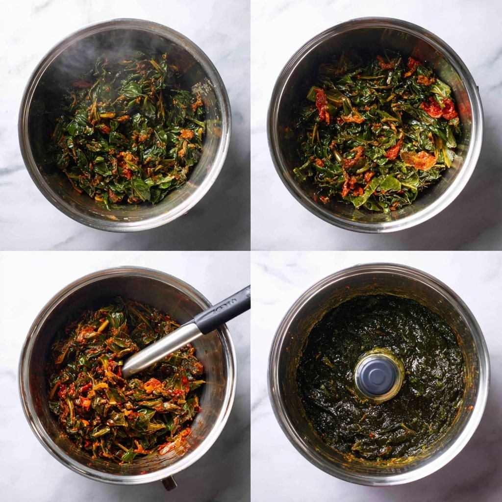 The images show four stages of cooking greens in a shiny steel pot. In the first stage, fresh dark green leafy vegetables fill the pot, with some leaves still whole and visible stems. In the second stage, the greens have softened and mixed with small pieces of orange-red cooked tomato and other spices, creating a textured reddish-green mix with some liquid. The third stage shows a silver immersion blender inside the pot blending the cooked greens and tomatoes into a finer texture. The last stage displays the greens fully blended into a thick, slightly oily dark green paste with some visible juice around the edges inside the pot. The pot sits on a white marbled surface, and steam rises gently from the food, photo taken with an iphone --ar 4:5 --v 7