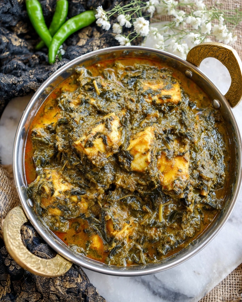 The image shows a shiny metal bowl with golden handles filled with a thick, greenish-brown curry with visible dark green leafy textures throughout. Large chunks of light golden yellow tofu are mixed inside, coated with the curry sauce. The bowl is placed on a white marbled surface with a textured dark fabric underneath, accented by small white flowers and two green chili peppers in the background. The overall look is rich and hearty with a rustic feel. photo taken with an iphone --ar 4:5 --v 7