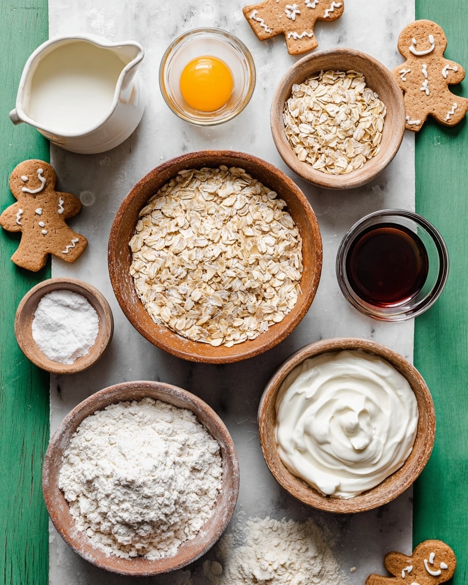 The image shows a top view of ingredients arranged on a white marbled surface. In the center is a wooden bowl filled with pale beige rolled oats, just below it is another wooden bowl containing smooth white yogurt with soft texture. Surrounding these are smaller wooden bowls and a white ceramic bowl holding various ingredients: a bowl with fine white powder (likely flour) at the bottom left, a bowl with a white powdery mix with some lumps at the bottom right, a bowl with light beige powder near the top right, and a small glass bowl filled with dark amber liquid (likely vanilla extract) near the right center. There is a small white bowl with a fresh egg, yolk and clear white visible, near the top left and a white measuring jug with milk below it. Gingerbread man-shaped cookies in light brown color with smiling faces are scattered on the surface around the bowls. The photo is taken with an iphone --ar 4:5 --v 7
