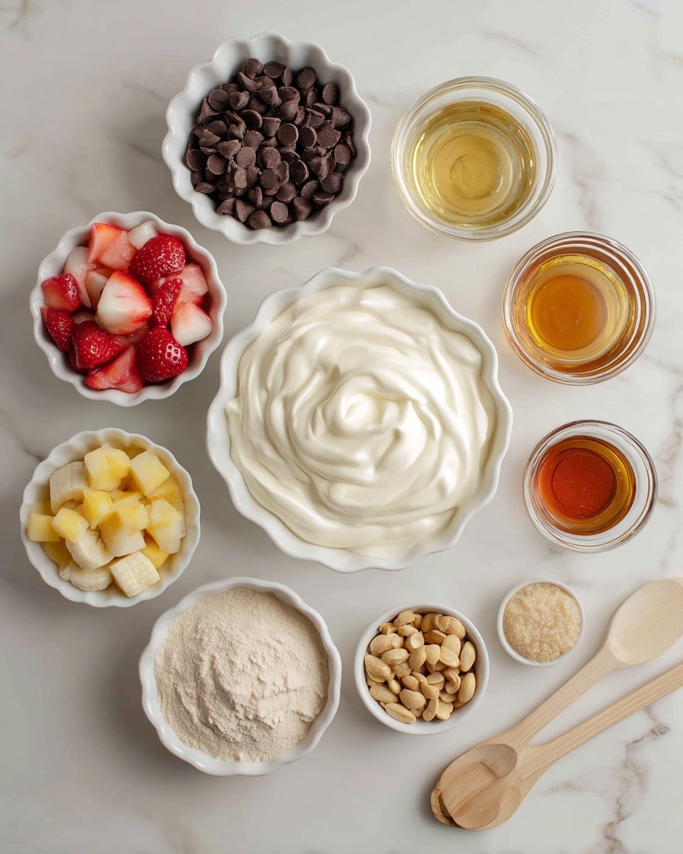 The image shows eight white bowls and one clear glass pitcher on a white marbled surface. In the center is a large scalloped white bowl filled with smooth, thick Greek yogurt in creamy white color. Above it, a similar sized scalloped bowl holds dark brown chocolate chips. To the left of that, a white bowl contains chopped red and pink strawberries and cherries. Below it, another white scalloped bowl holds yellow chopped bananas and pineapples. Below the yogurt bowl, a white bowl holds beige protein powder with a soft texture. Next to it, a white bowl is filled with crushed tan peanuts. To the right of the yogurt, a small white bowl contains amber liquid vanilla extract, and above that, a clear glass pitcher has golden honey. To the far right, there are light wooden spoons on the white marbled surface. Photo taken with an iphone --ar 4:5 --v 7
