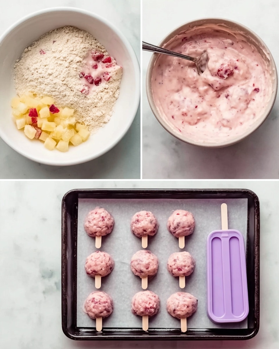 A white bowl on a white marbled surface holds three sections of ingredients: light beige flour, small yellow chunks of fruit, and small red pieces of fruit, all unmixed. Next, a white bowl on the same surface contains a thick, pale pink creamy mixture with bits of fruit, with a spoon covered in this mixture resting inside. Below, a black baking tray with parchment paper holds six round, pink fruit batter mounds on sticks, spaced evenly in two rows. To the right, a purple silicone popsicle mold filled with the same light pink fruit batter sits on the white marbled surface, ready to freeze. photo taken with an iphone --ar 4:5 --v 7