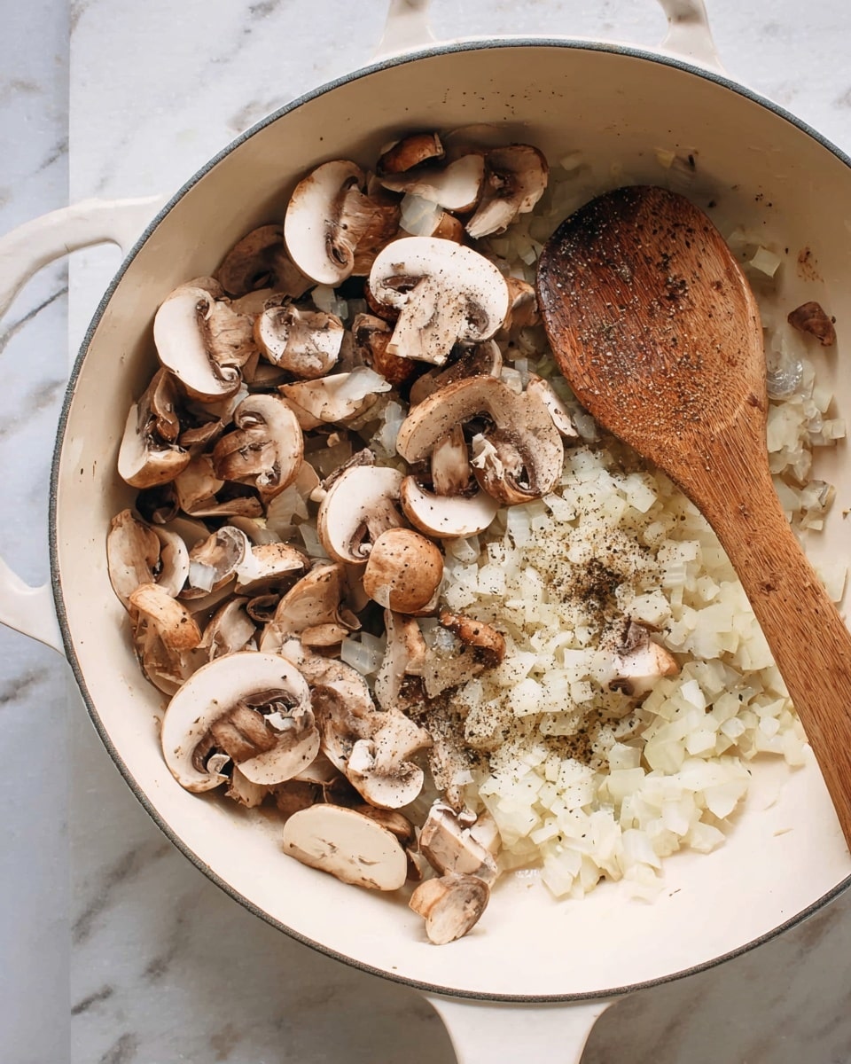 A white pan filled with chopped onions spread as the bottom layer, topped with a layer of whole and sliced brown mushrooms scattered unevenly over the onions. There is some salt and black pepper sprinkled on the mushrooms, and a wooden spoon rests on the right side inside the pan. The background surface shows a white marbled texture. photo taken with an iphone --ar 4:5 --v 7