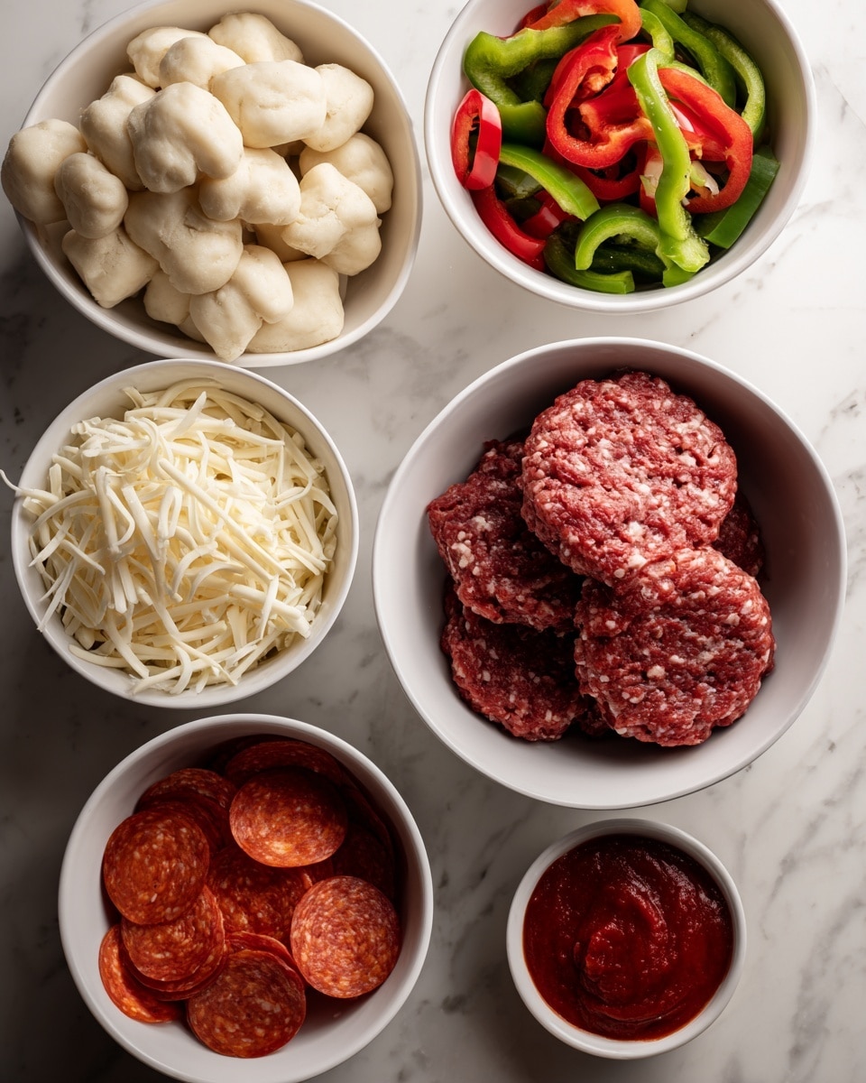 The image shows six white bowls placed on a white marbled surface, each filled with a different ingredient. In the top left bowl, there are many small, pale biscuit dough pieces with a soft texture. To the right, a bowl filled with chopped green and red bell peppers, showing bright and fresh colors. In the center, a large bowl holds three thick, raw ground beef patties with a coarse, red texture. Below it, a bowl contains shredded white cheese that looks soft and stringy. To the left, a smaller bowl is filled with round, thin slices of pepperoni, showing a reddish color with some visible oil. Finally, in the bottom right, a small bowl holds thick red pizza sauce with a smooth texture. photo taken with an iphone --ar 4:5 --v 7