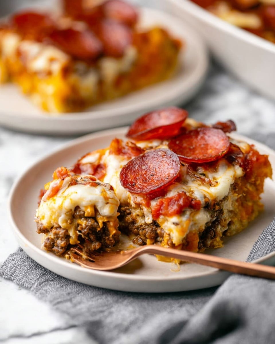 The dish shows a white plate with a slice of layered casserole, featuring a bottom layer of cooked ground beef mixed with small vegetable pieces in a brownish color, a middle layer of creamy mashed potatoes with an orange tint, a melted cheese layer with golden and white colors on top of the potatoes, and a generous topping of curled pepperoni slices that are deep red with a slightly crispy texture. A fork with a natural wood handle lifts a bite-sized portion from the bottom right of the plate. The plate rests on a white marbled surface, next to a folded grey cloth napkin. In the blurred background, another similar plate with the same dish is slightly visible. Photo taken with an iphone --ar 4:5 --v 7