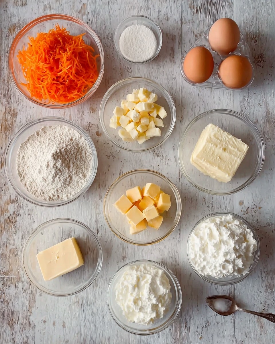 A collection of ingredients is arranged neatly on a white marbled textured surface. There are eleven small clear glass bowls and two eggs set on the table. From the top left, one bowl is filled with bright orange shredded carrots. Below it, a bowl contains white flour, and next to it, a bowl with small yellowish-white cubes, likely butter or cheese. At the center top, two brown eggs sit in clear glass holders. A bowl with a cream-colored chunk of butter, a small bowl with white powder, and a bowl with yellow cubes of butter are placed towards the right. Near the bottom right, there is a bowl with a white fluffy texture resembling whipped cream, a bowl with another similar white creamy ingredient, and a larger bowl on the far right holding a white powdery substance with a spoon resting inside. The wooden texture of the table contrasts with the clear bowls and colorful ingredients. Photo taken with an iphone --ar 4:5 --v 7