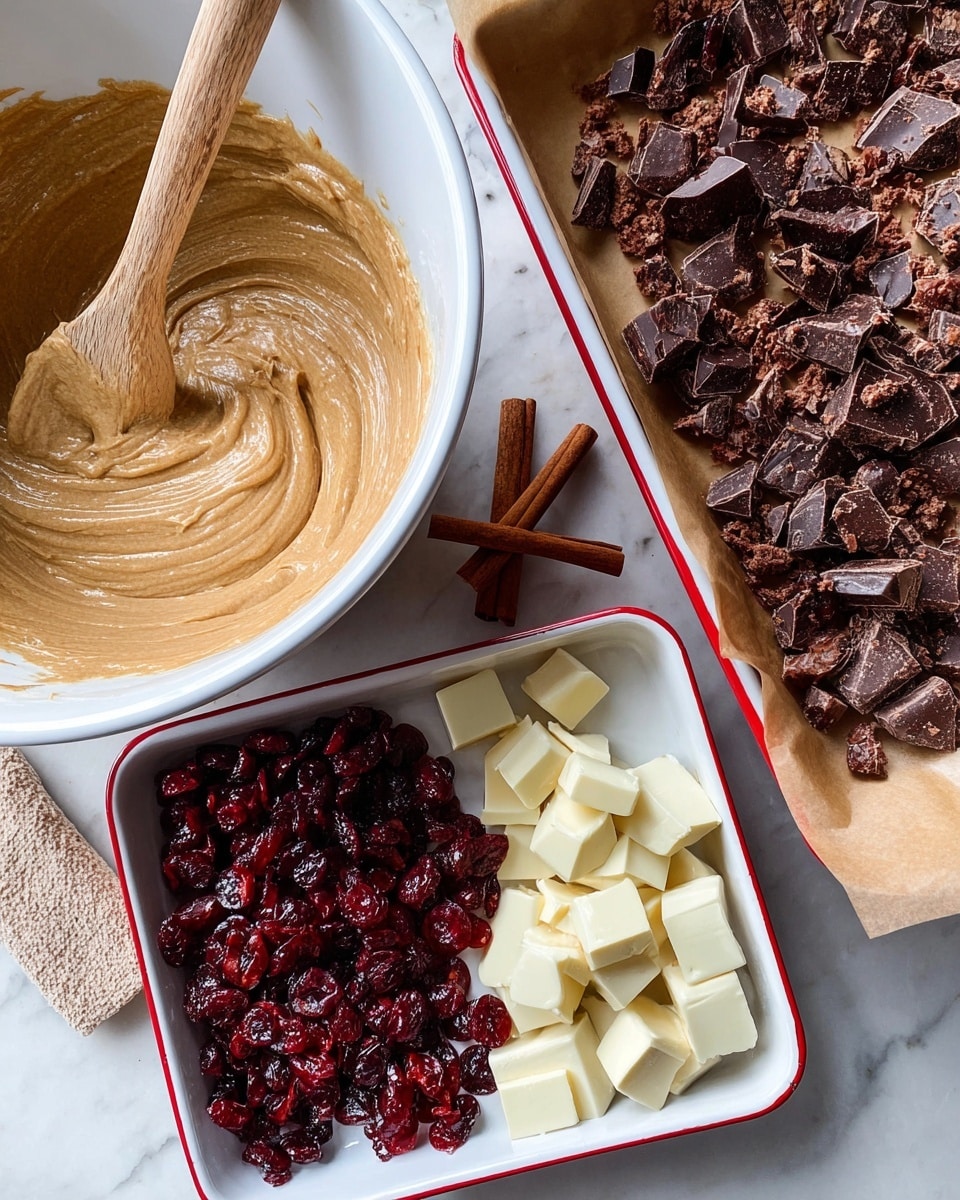 The image shows a close-up view of three containers on a white marbled surface. On the left, there is a large white bowl with light brown batter inside, smooth and creamy in texture, with a wooden spoon resting in it. On the top right, a white rectangular baking pan with red splatters contains a thick layer of broken pieces of dark brown chocolate or baked chunks on brown parchment paper. On the bottom right, a clean white rectangular tray with a red rim holds two sections: the top half is filled with deep red dried cranberries, shiny and slightly wrinkled, while the bottom half has pale yellow square chunks of white chocolate or a similar ingredient. Two cinnamon sticks lie nearby on the white marbled surface. photo taken with an iphone --ar 4:5 --v 7