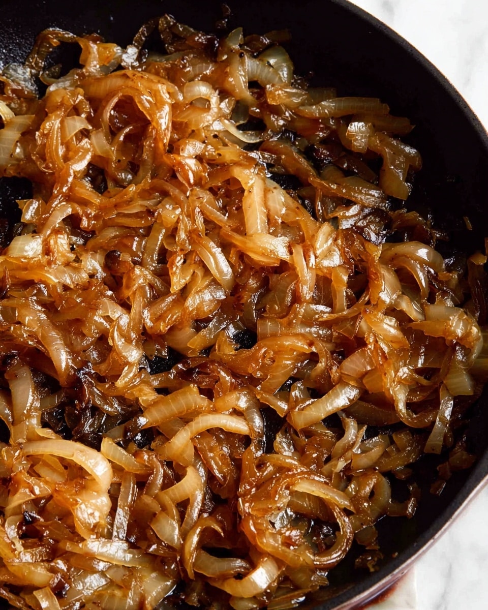 This image shows a close-up of a black pan filled with caramelized onions. The onions are thinly sliced and cooked until they have turned a rich, golden brown color with some darker caramelized edges. The texture looks soft and slightly shiny from the cooking oil, and the onions are spread evenly across the pan, filling it completely. The background surface is white marbled. photo taken with an iphone --ar 4:5 --v 7