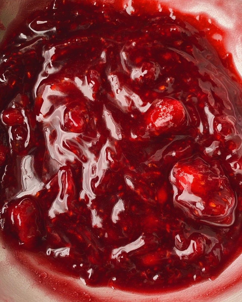 A close-up image shows a pan holding thick, deep red fruit sauce with visible small fruit chunks and a shiny, sticky texture. The sauce fills the pan almost to the edge, with swirls and glossy reflections on its surface. The background is a white marbled texture. Photo taken with an iphone --ar 4:5 --v 7