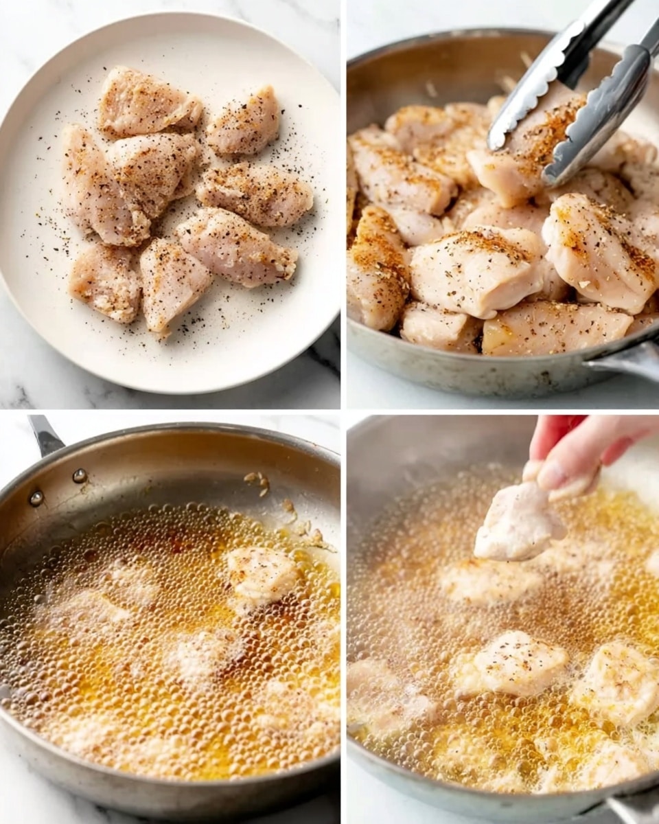 The first image shows raw chicken pieces lightly seasoned with specks of black pepper, placed on a white plate over a white marbled surface. The second image captures a close-up of cooked chicken pieces in a pan, showing golden brown edges with seasoning visible, and silver tongs held by a woman's hand gripping one piece. The third image shows a stainless steel pan with browned bits sticking to the bottom, indicating the remnants left after cooking the chicken, set on a white marbled surface. The fourth image is a close-up of a bubbling sauce or broth in the pan, showing a mix of frothy, golden brown liquid with visible bits, indicating simmering in progress. photo taken with an iphone --ar 4:5 --v 7