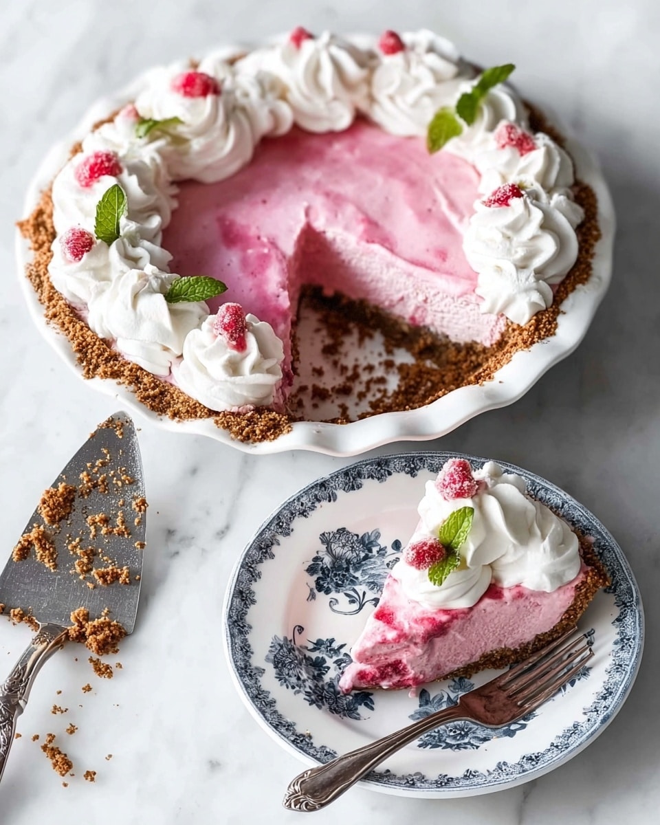 The image shows a pie with three main layers. The bottom layer is a dark brown crumbly crust, the middle layer is thick, smooth, and bright pink filling, and the top layer is white whipped cream piped in swirls all around the edge of the pie. There are small red sugared berries and fresh green mint leaves placed on the whipped cream. One slice has been taken out, and this piece sits on a white plate with dark blue floral patterns, also decorated with a swirl of white whipped cream, a sugared berry, and a mint leaf. A silver fork rests next to the slice on the plate, and there is a silver pie server with some crumbs on the white marbled surface next to the pie. Photo taken with an iphone --ar 4:5 --v 7