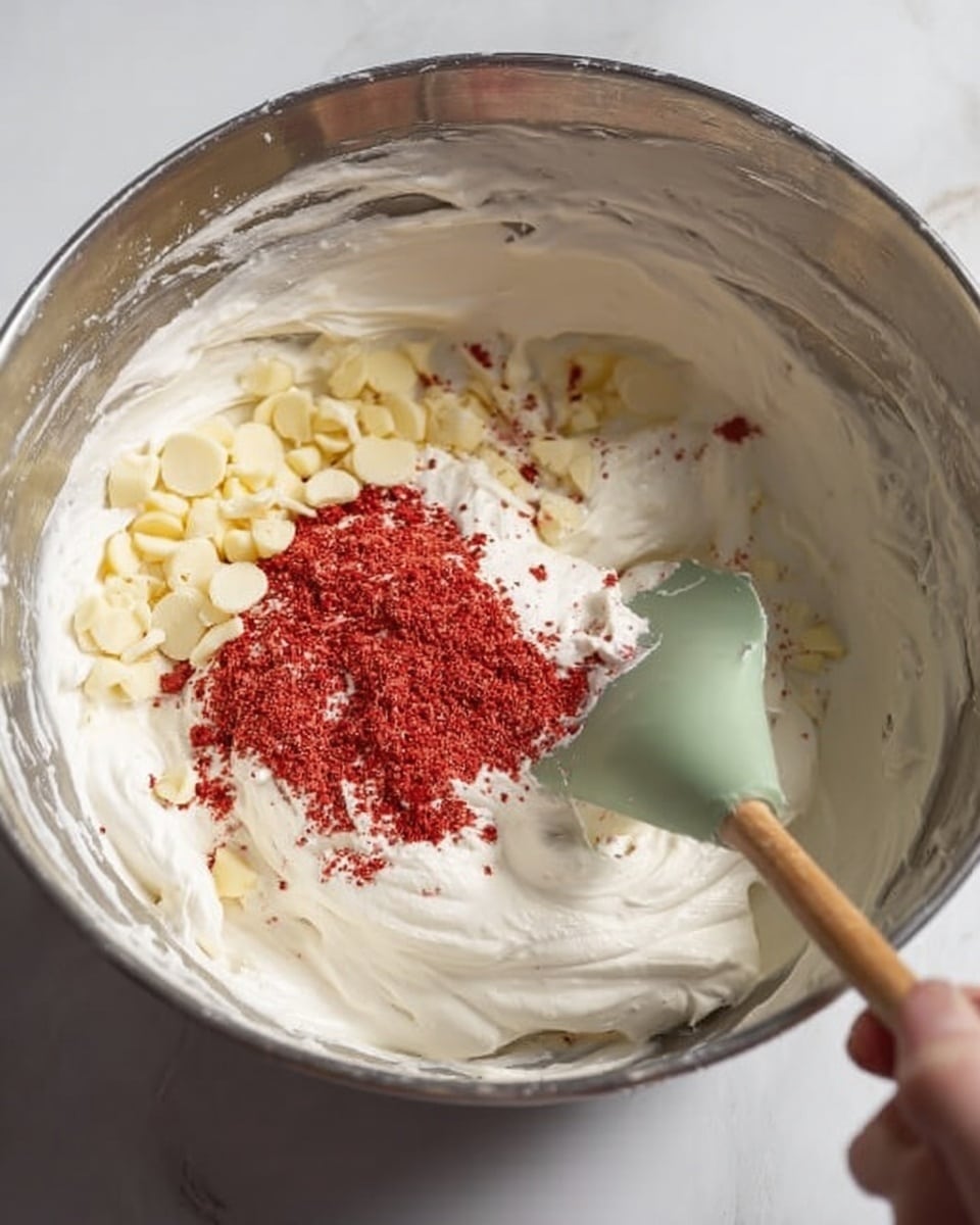 A close-up view of a silver mixing bowl filled with three main layers of ingredients: a thick, white whipped creamy base covering most of the bottom and sides, a layer of small yellowish white chips scattered mostly on one side, and a central mound of fine red powder sprinkled over the whipped cream. A green silicone spatula with a wooden handle rests inside the bowl, partly dipped into the creamy mixture. A woman's hand holds the bowl handle at the top right corner. The bowl is set on a white marbled surface. photo taken with an iphone --ar 4:5 --v 7