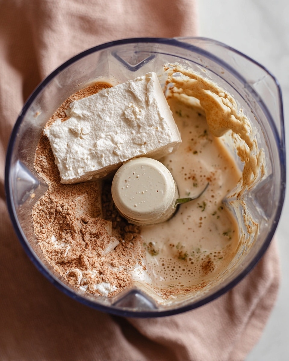 A close-up top view of a transparent blender container filled with three main layers: a light brown powdery layer at the bottom left, a white creamy block with a rough texture placed on the upper left and bottom parts, and a layer of light beige liquid with some small particles spread over the right side. The container blade is visible in the middle. The blender is placed on a soft light brown cloth with a white marbled background. Photo taken with an iphone --ar 4:5 --v 7