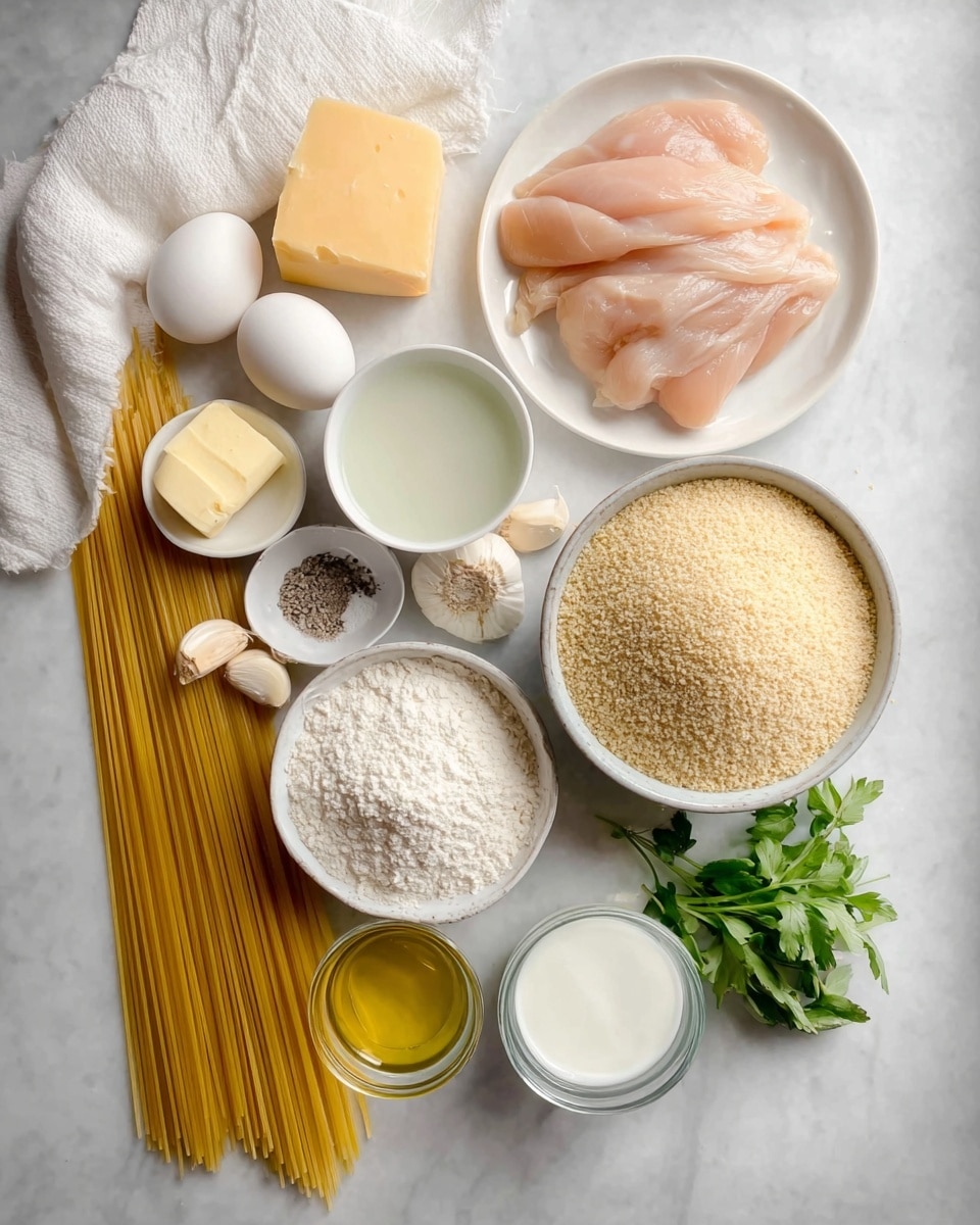 The image shows several raw ingredients neatly arranged on a white marbled surface. At the top right, there is a white plate with thin, pale pink raw chicken fillets. To the left of the plate, a chunk of hard yellow cheese rests next to two white eggs. Below the eggs, a white bowl filled with white flour is placed, beside a large white bowl packed with fine, light brown breadcrumbs. A bundle of uncooked yellow pasta strands lies on the left side extending downward. Toward the bottom center, a small dish holds a pat of pale yellow butter, next to three garlic cloves and a small round bowl containing salt and pepper. There is a glass bowl with golden oil and another clear bowl with white cream or milk near a small bunch of fresh green herbs in the bottom right corner. A white cloth is partially visible at the top left corner. Photo taken with an iphone --ar 4:5 --v 7