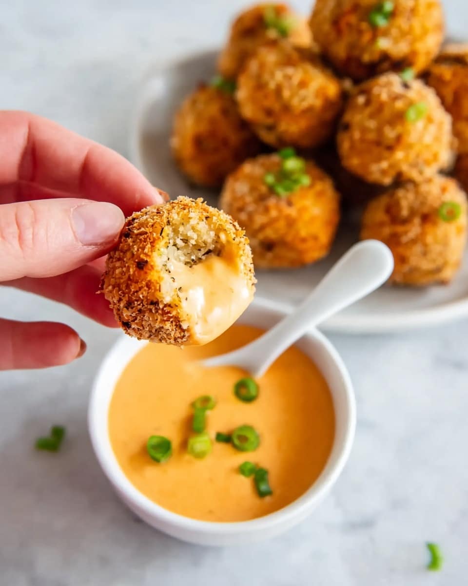 A woman's hand is holding a small round ball with a crispy light brown crumb coating, half dipped in a creamy orange sauce. In the background, there is a white plate filled with several similar crumb-coated balls, some with small green garnish pieces. Below, a white bowl with smooth orange dipping sauce and a white spoon sits on a white marbled surface. The scene is bright and clean, focusing closely on the held ball and the sauce. photo taken with an iphone --ar 4:5 --v 7