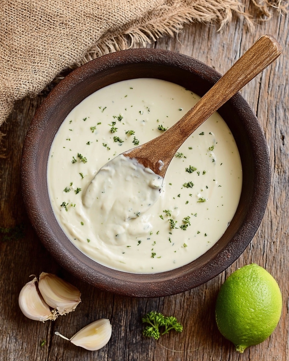 A dark brown bowl filled with a creamy, smooth white sauce sprinkled with small green herb pieces. A wooden spoon rests inside the bowl, partially dipped in the sauce showing its thick texture. Around the bowl, there are two garlic cloves at the bottom left and half a green lime at the top right. The bowl sits on a rustic wooden surface with a coarse tan cloth partially visible at the top. photo taken with an iphone --ar 4:5 --v 7