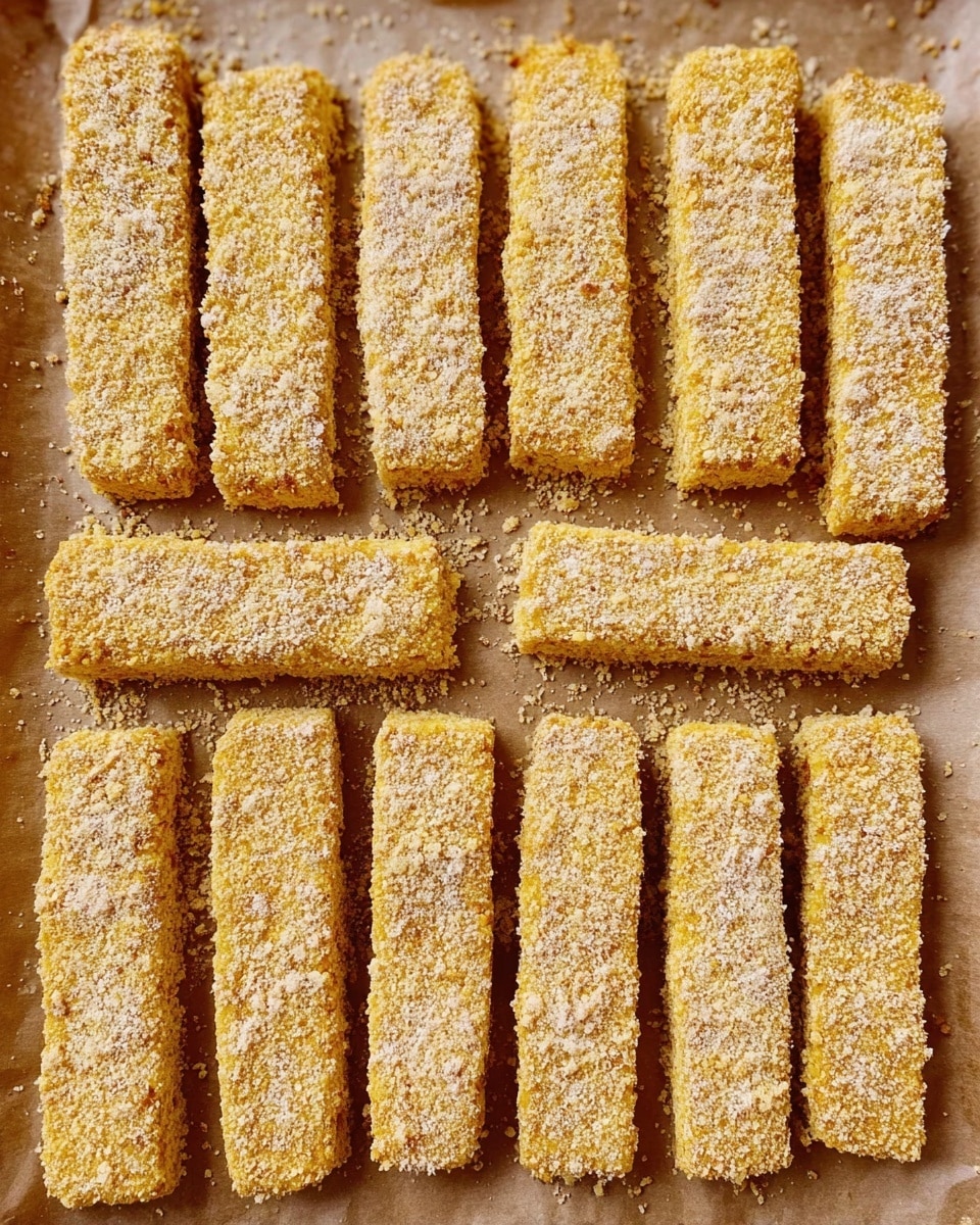 Twelve rectangular sticks are lined up closely in three rows and four columns on a sheet of brown baking paper. Each stick has a rough, grainy texture with a yellow-golden color, covered by a layer of coarse crumbs that add a light sprinkle of white and beige on top. The edges are straight and the sticks look evenly coated and ready to bake. The background is a white marbled texture. photo taken with an iphone --ar 4:5 --v 7