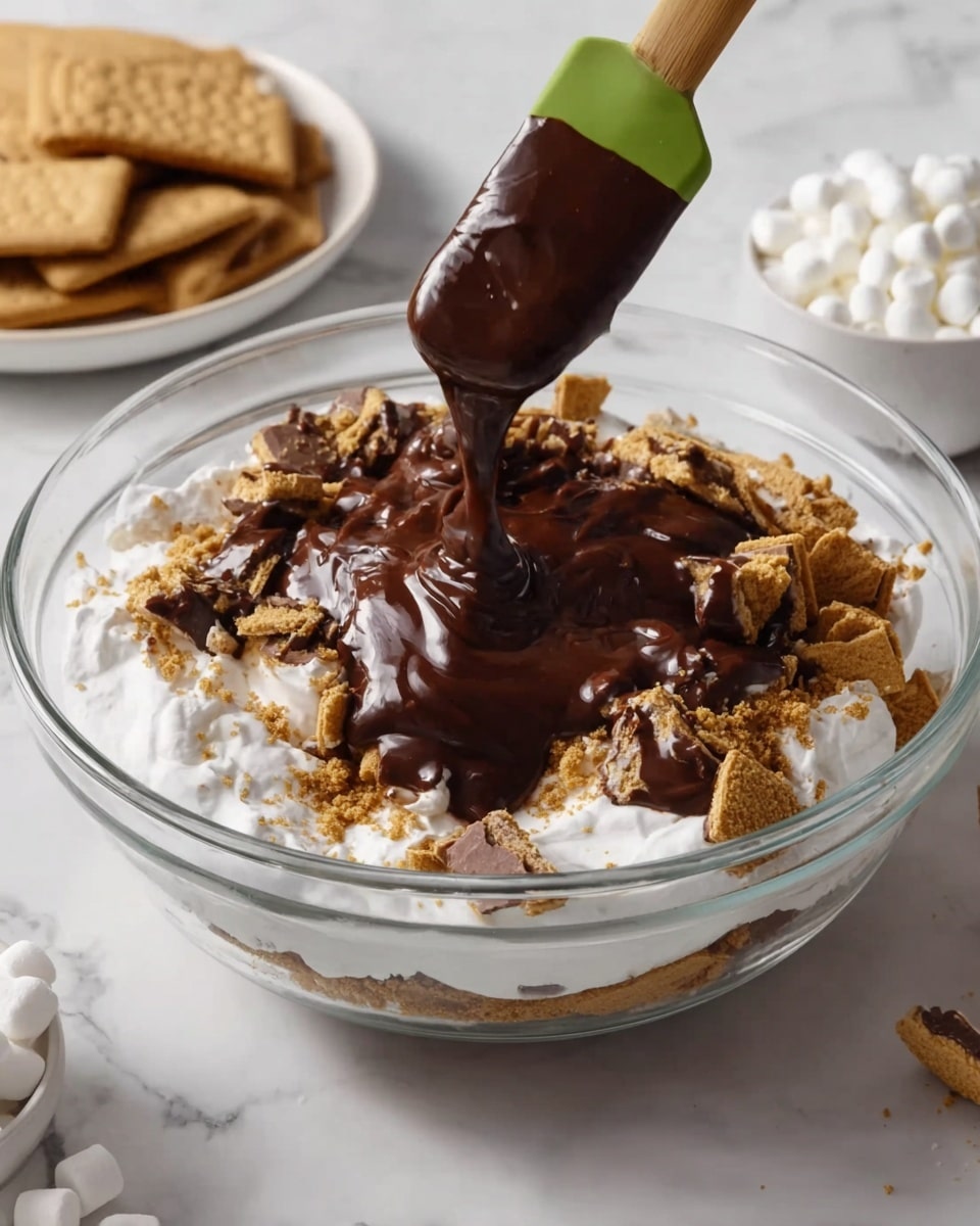 In a clear glass bowl, there is a base layer of light brown crushed graham crackers, topped with a thick layer of fluffy white whipped cream. Over the whipped cream, chunky pieces of broken graham crackers are scattered. A dark, shiny chocolate sauce is being poured over the top from a green spatula with a wooden handle, creating a glossy, rich layer flowing down onto the cream and crackers. The bowl is placed on a white marbled surface, with a small white bowl holding tiny white marshmallows visible to the right and a white plate with whole graham crackers in the background. Photo taken with an iphone --ar 4:5 --v 7