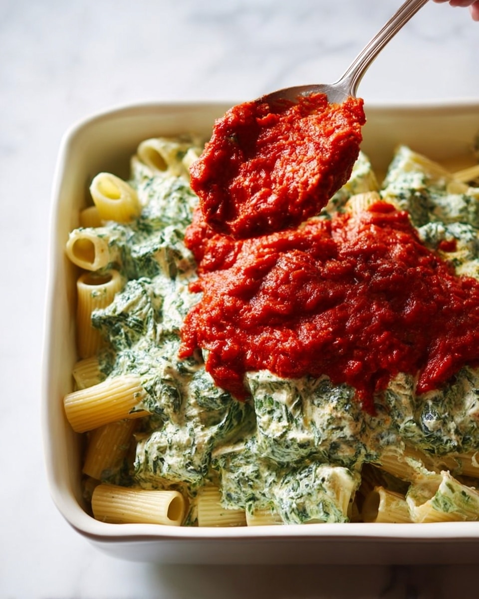 The image shows a white rectangular dish filled with rigatoni pasta mixed with a creamy spinach sauce, which creates a light green and white textured layer covering the pasta pieces. On top of the pasta, there is a thick, bright red chunky tomato sauce being scooped by a spoon, held by a woman's hand above the dish. The contrast between creamy spinach pasta and vivid tomato sauce is clear, all set on a white marbled surface. photo taken with an iphone --ar 4:5 --v 7