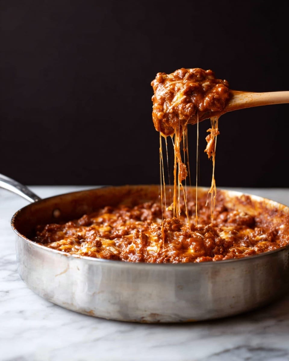 A large silver pan filled with a thick, chunky mixture of melted cheese and a rich, reddish-brown sauce with small pieces of food that look soft and moist. A wooden spoon lifts some of the mixture above the pan, showing long, thin strings of melted cheese stretching down. The background is dark and plain, making the food stand out. The pan rests on a white marbled surface. photo taken with an iphone --ar 4:5 --v 7