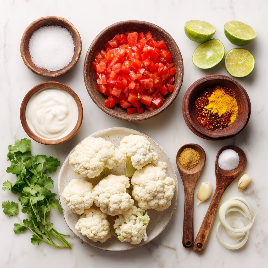 A top view of ingredients arranged neatly on a white marbled surface: a white bowl filled with bright red diced tomatoes sits near a rustic brown bowl holding a mix of yellow, red, and brown spices; nearby is a second brown bowl with smooth, white coconut cream; a large white plate displays several white cauliflower florets with a bumpy texture; next to that are fresh green lime wedges, a wooden spoon with white salt, three peeled garlic cloves, a small piece of fresh yellow ginger, a wooden spoon with white sugar, and sliced white onions with green edges; fresh green cilantro leaves are scattered around the setup, creating a fresh and colorful display photo taken with an iphone --ar 4:5 --v 7