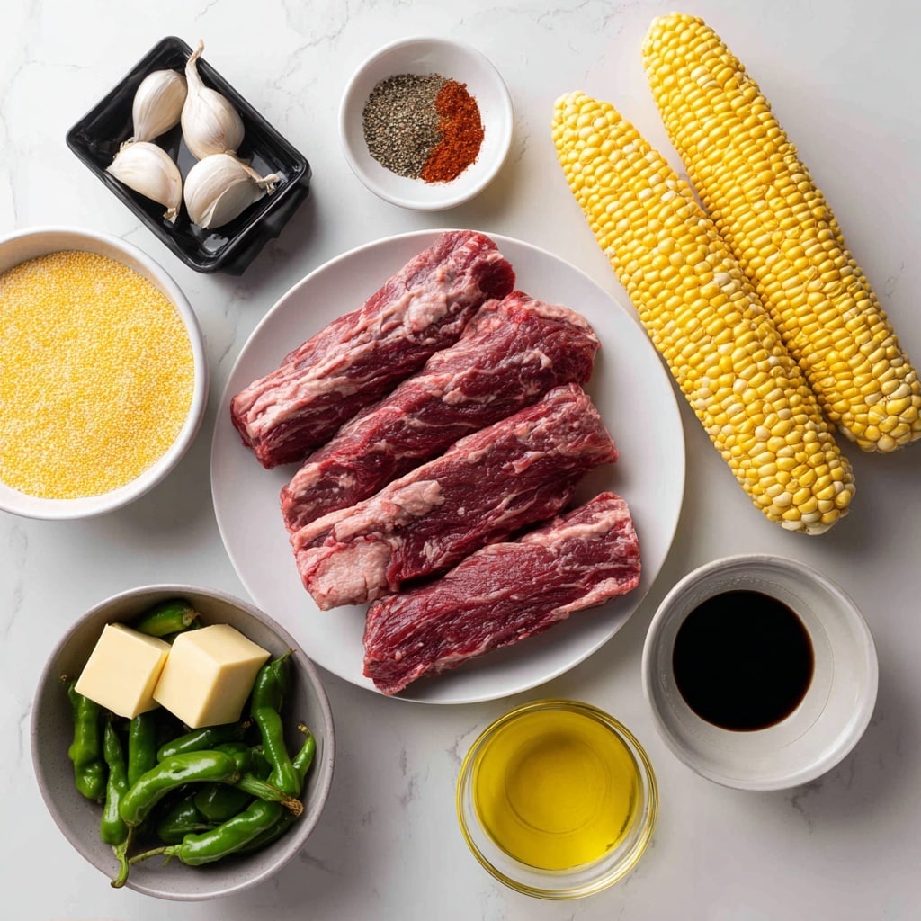 The image shows a flat lay of cooking ingredients arranged neatly on a white marbled surface. In the center, a white plate holds three raw skirt steaks with a pinkish-red color and visible marbling. To the top left, a black carton of chicken broth stands next to three garlic cloves. Above the steak plate is a small white bowl with three spices: a dark speckled one, a red powder, and a lighter powder. To the top right, two ears of corn with light yellow kernels lie parallel. Below the ears of corn is a clear measuring cup filled with yellow polenta grains. Near the bottom right are two small bowls, one with golden olive oil and one with dark Worcestershire sauce. On the bottom left, a small grey bowl holds three pieces of pale yellow butter. Next to it is a white bowl filled with many bright green shishito peppers. The overall layout is clean and well spaced, with all items clearly visible. photo taken with an iphone --ar 4:5 --v 7