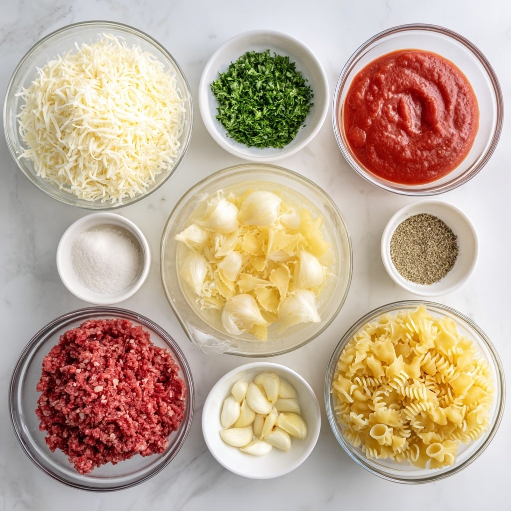 The image shows nine clear glass bowls and one small white bowl on a white marbled surface. Starting from the top left and moving clockwise, the first bowl contains shredded mozzarella cheese, white and soft in texture. Next, a small white bowl holds chopped green parsley. To the right, a large clear measuring cup filled with light yellow chicken broth is placed. Below it is a clear bowl with raw ground beef that is deep red with some fat marbling. Next to it is another clear bowl filled with uncooked yellow pasta that has ridged edges. Below that is a small white bowl with finely chopped garlic, pale yellow in color. Moving left, a tiny white bowl holds a mix of salt and black pepper. Above it, another small white bowl contains Italian seasoning with green and brown dried herbs. To its left, a clear bowl shows finely chopped white onion. Finally, a clear measuring cup filled with bright red marinara sauce completes the layout. Each bowl’s content is clearly visible and spaced evenly. Photo taken with an iphone --ar 4:5 --v 7