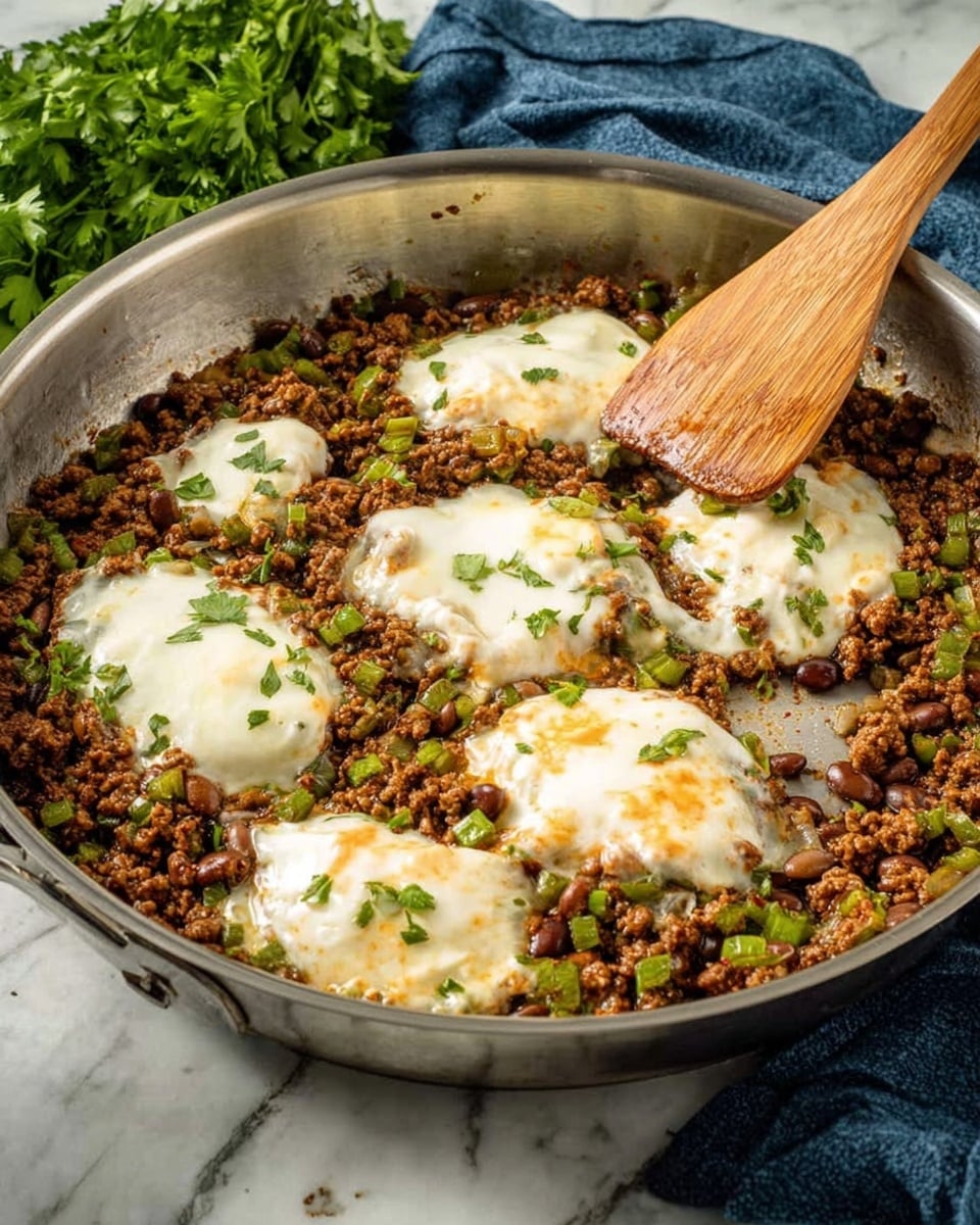 The image shows a metal pan filled with cooked ground meat mixed with small green bell pepper pieces and dark beans spread evenly across the pan. On top of the meat mix, there are several uneven, melting patches of white cheese with a slightly browned and shiny surface in some areas. Small bits of green herbs are sprinkled lightly over the cheese for garnish. A wooden spatula rests inside the pan on the right side, partially submerged in the meat mixture. The background features a blue cloth and a bunch of fresh green parsley in the upper left corner, all placed on a white marbled surface. photo taken with an iphone --ar 4:5 --v 7