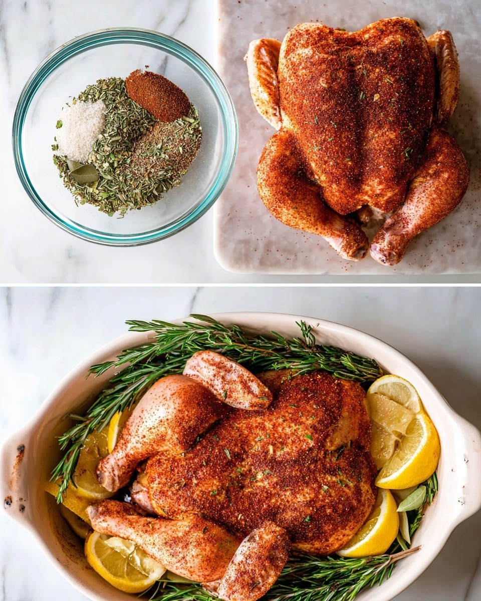 The image shows three steps of preparing roasted chicken. First, a clear glass bowl with a mix of dried herbs and spices in green, brown, and red tones sits on a white marbled surface. Then, two whole chickens are placed on a white marbled tray, coated with a reddish-brown spice mix evenly spread over their skin. Finally, two seasoned whole chickens lie in a white oval baking dish on a white marbled surface, surrounded by fresh green rosemary, thyme, and thick lemon slices in yellow. The chicken skin is reddish with spices, and the herbs and lemons create a fresh, colorful contrast. photo taken with an iphone --ar 4:5 --v 7