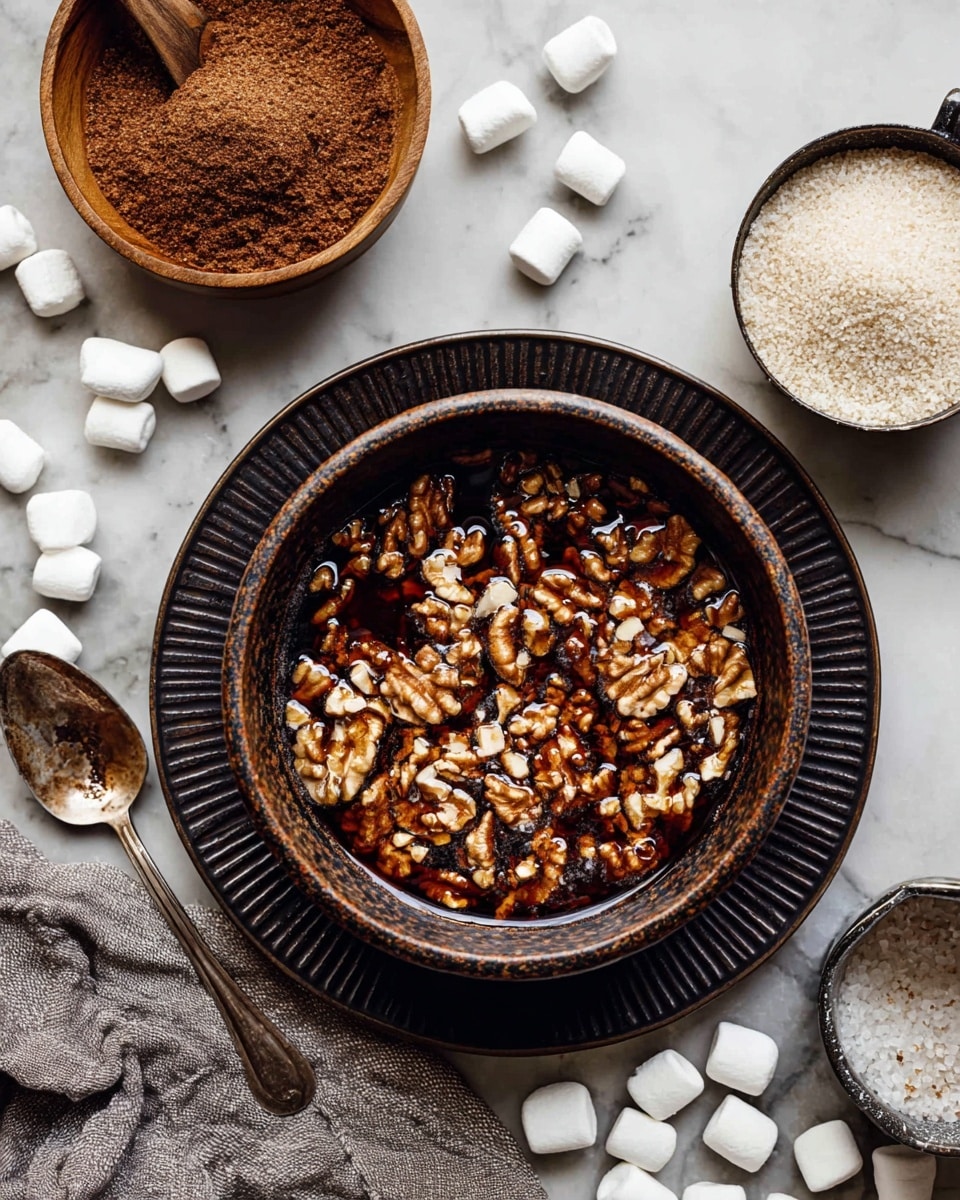 A dark rustic bowl filled with a mix of small walnut pieces soaked in a shiny, dark brown liquid, placed on a matching dark plate with ridged edges. The bowl rests on a white marbled surface scattered with small white mini marshmallows. To the left of the bowl, there is a silver spoon holding a heap of brown powder, placed next to a small wooden bowl filled with the same powder. On the right side, a small metal cup holds coarse white granules and a gray cloth is partially visible. The overall look is warm and inviting with rich brown tones contrasting with the white marshmallows and marbled background, photo taken with an iphone --ar 4:5 --v 7