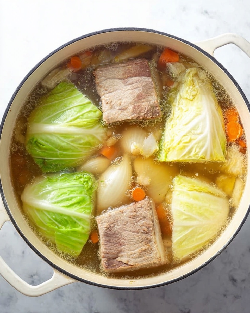 The image shows a large white pot filled with clear broth and several large pieces of vegetables and meat. There are three quartered pale green cabbages with visible layered leaves, placed evenly around a large, rectangular, light brown block of meat in the center. Near the meat and cabbage, white onions and small orange carrot chunks float in the broth. The broth is slightly bubbling and the pot sits on a white marbled surface. The photo was taken from above, highlighting the simmering ingredients in the pot, photo taken with an iphone --ar 4:5 --v 7