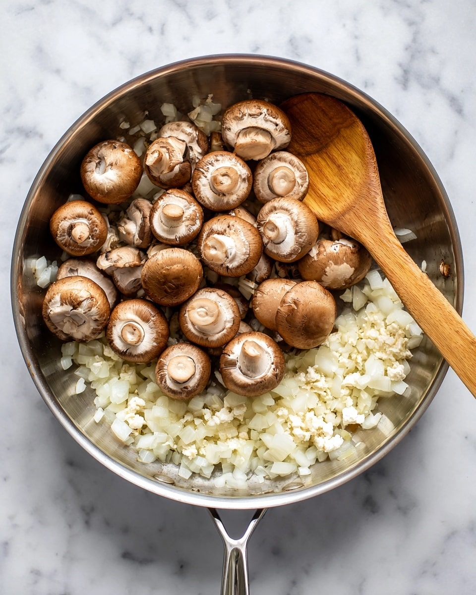 A metal pan filled with about two layers of cooked cauliflower florets, which are off-white and slightly soft in texture, mixed with whole brown mushrooms that have a smooth, shiny surface; the vegetables are topped with a small pile of chopped green herbs in the center. A wooden spoon with a light brown handle rests on the right side of the pan, partially under the vegetables. The pan is placed on a white marbled surface. Photo taken with an iphone --ar 4:5 --v 7