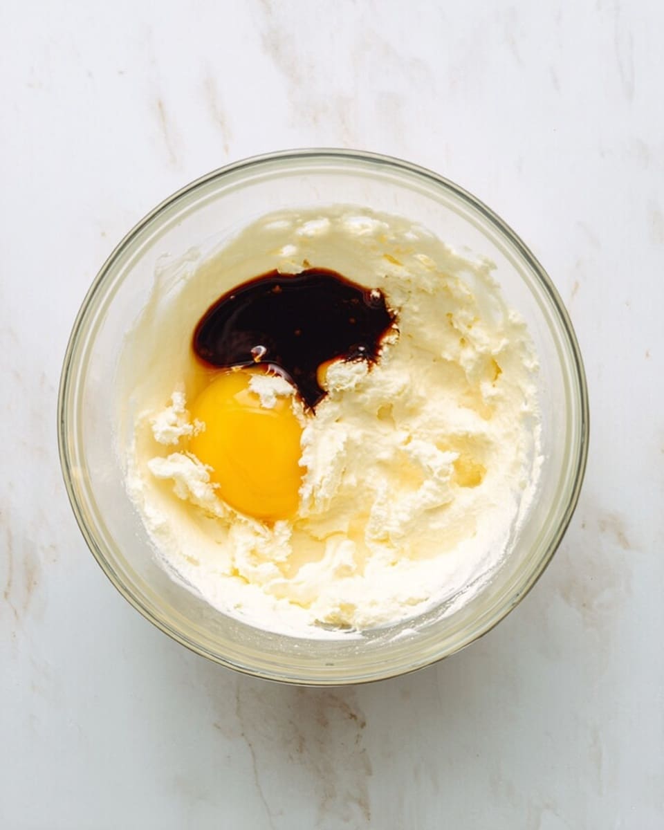 A clear glass bowl sits on a white marbled surface, filled with three main layers of ingredients: a creamy white mixture forming the base, a bright yellow egg yolk resting on the left side, and a dark brown liquid, likely vanilla extract, pooled on top near the yolk. The creamy layer looks smooth and soft, surrounding the egg and the liquid, with small peaks and uneven textures showing it has been mixed slightly. The bowl is round and transparent, showing all the ingredients inside clearly. photo taken with an iphone --ar 4:5 --v 7