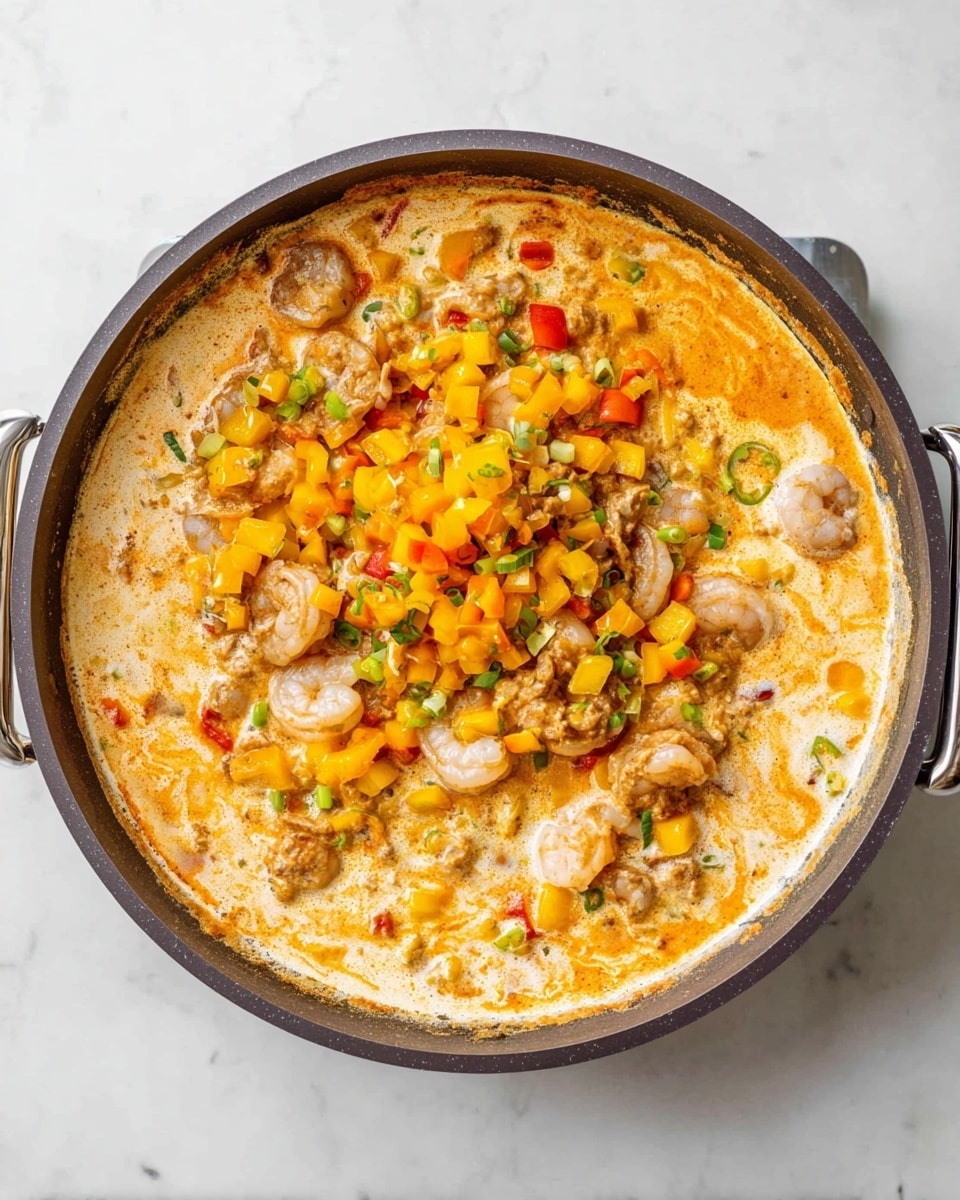 A pan filled with a creamy orange sauce that forms the base layer, with partially cooked shrimp mixed into it showing their grayish color. On top, there is a colorful layer of diced yellow and orange bell peppers along with finely chopped onions and small bits of green chili scattered throughout. The sauce has a smooth and slightly bubbly texture around the edges where it meets the pan. The pan is round and dark with two silver handles on each side, and all of this sits on a white marbled surface. photo taken with an iphone --ar 4:5 --v 7