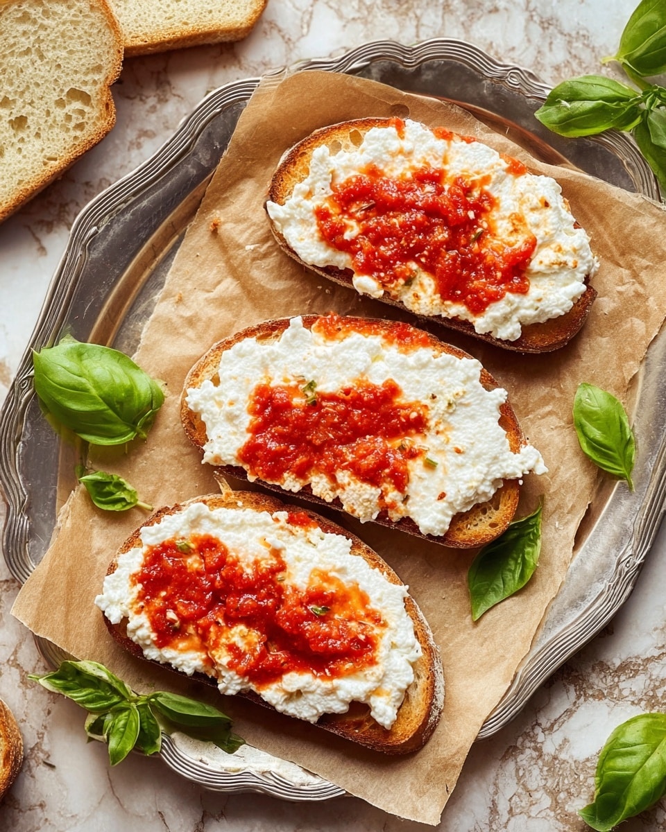 The image shows two thick slices of toasted bread placed on brown parchment paper on a white marbled surface. Each slice is topped with a bright red tomato sauce base layer, followed by a creamy white layer of cottage cheese spread unevenly. On top, dark red sun-dried tomato pieces are scattered along with fresh green basil leaves. A woman's hand is holding a wooden honey dipper above the closest toast, dripping golden honey onto it. In the background, there are more fresh basil leaves and a small white bowl with honey. The scene is bright and colorful, showing a fresh and appetizing open-faced sandwich photo taken with an iphone --ar 4:5 --v 7