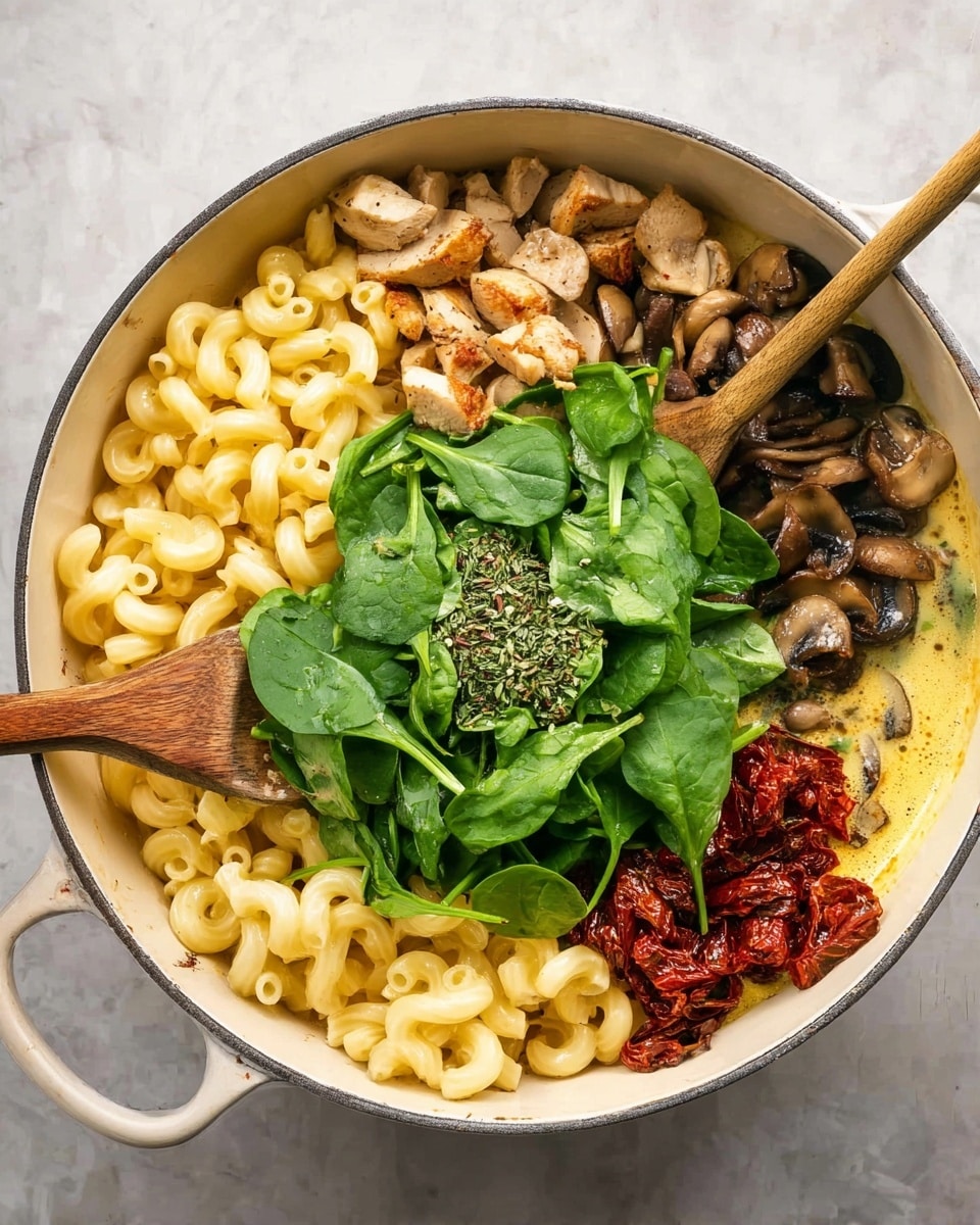 A white round pot on a white marbled surface holds a colorful mix of food ingredients arranged in five clear sections. Starting from the left, there are yellow cooked elbow macaroni noodles, next to them are browned pieces of chicken, a pile of fresh green spinach leaves with a sprinkle of dried herbs on top in the center, cooked dark brown sliced mushrooms below the spinach, and a small portion of reddish sun-dried tomatoes on the right side, partially sitting in a yellow creamy sauce base at the bottom. A wooden spoon rests on the left side inside the pot. Photo taken with an iphone --ar 4:5 --v 7