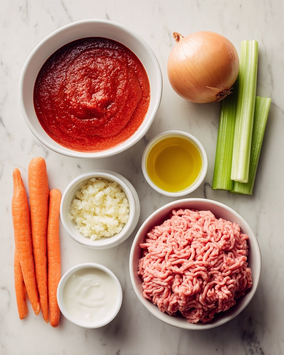 The image shows a white bowl filled with two large portions of raw ground beef with a pink, soft, and slightly curly texture placed near the bottom right. Above the bowl to the left is another white bowl filled with thick, deep red marinara sauce that has a smooth, slightly chunky texture. To the right of the sauce are two long, crisp celery sticks, bright green in color. Below the sauce is a small white bowl with crushed garlic, creamy and pale yellow with a slightly grainy texture. Near the bottom left are two whole carrots, bright orange with a smooth surface, positioned next to a whole onion that is round with a light brown, smooth outer layer. At the bottom center are two small white containers, one filled with white half and half cream and the other with golden olive oil. All items are arranged on a white marbled surface. Photo taken with an iphone --ar 4:5 --v 7
