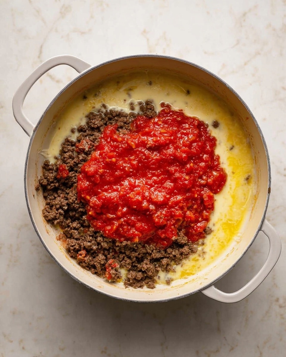 A white round pot sits on a white marbled surface, filled with three visible layers. The bottom layer is browned ground meat with a crumbly texture and a dark brown color. On top of the meat is a bright red chunky tomato sauce covering the center. Surrounding the meat and sauce at the edges is a creamy pale yellow layer of melted butter or cream mixed with the cooking juices, creating a smooth texture. The pot has two handles on each side and the scene shows a top-down view. Photo taken with an iphone --ar 4:5 --v 7