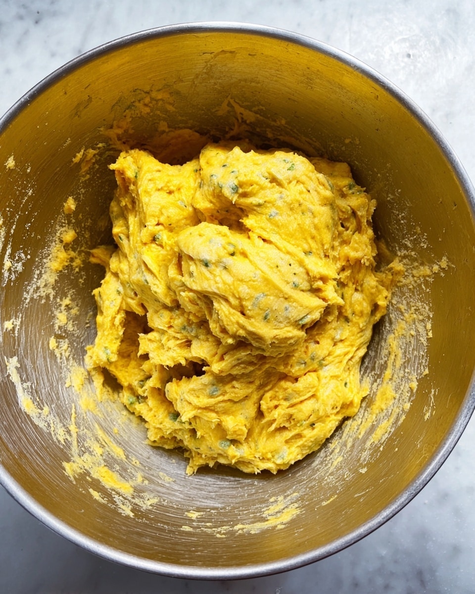 A thick, bright yellow dough mixture with visible small green and darker specks sits in the center of a large shiny metal bowl, showing a creamy yet slightly lumpy texture with some sticky spots clinging to the sides of the bowl, the dough appears soft and stretchy with uneven folds and a moist surface, all set on a white marbled texture background photo taken with an iphone --ar 4:5 --v 7
