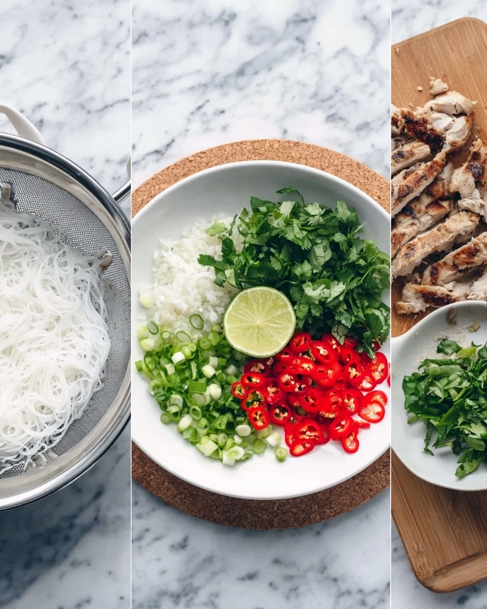 The image shows three parts of food preparation on a white marbled background. On the left, a silver colander holds soft white rice noodles. In the middle, a white plate is filled with sliced red chili peppers, chopped fresh cilantro, sliced green spring onions, and a lime wedge placed near the center, all sitting on a small cork mat. On the right, there is a wooden board with pieces of cooked chicken that are lightly browned and sliced, next to a white plate with more greens and red chili slices. Photo taken with an iphone --ar 4:5 --v 7