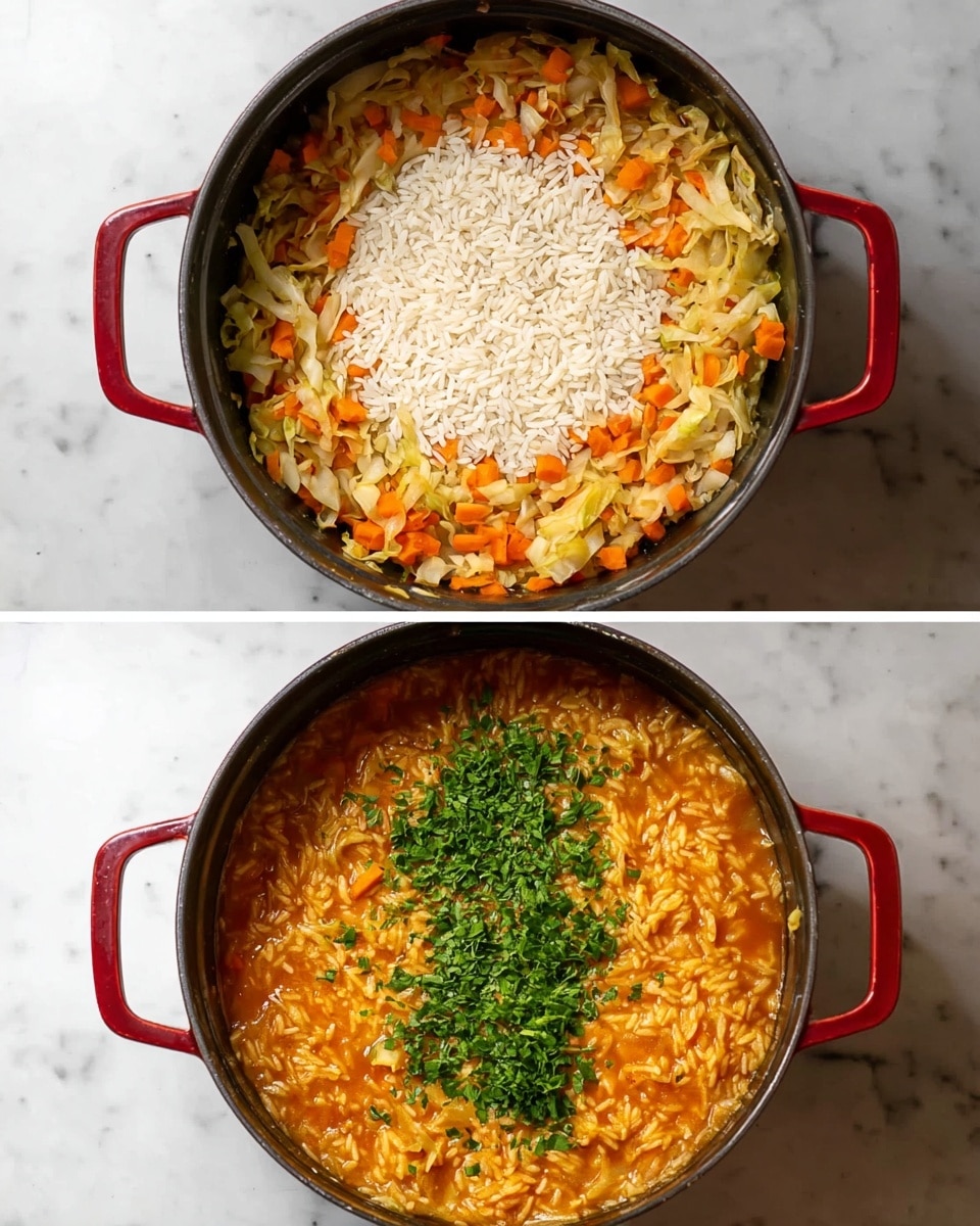 The top image shows a round black pot with red handles on a white marbled surface. Inside, there is a base layer of orange and yellow cooked vegetables, mostly shredded cabbage and small diced carrots. On top of this vegetable layer, there is a pile of uncooked white grains of rice centered in the pot. The bottom image shows the same pot after cooking, where the rice has absorbed the orange liquid and mixed well into the vegetables, creating a thick, orange-textured stew. On top of this, there are small clusters of finely chopped fresh green herbs spread unevenly across the surface. Photo taken with an iphone --ar 4:5 --v 7