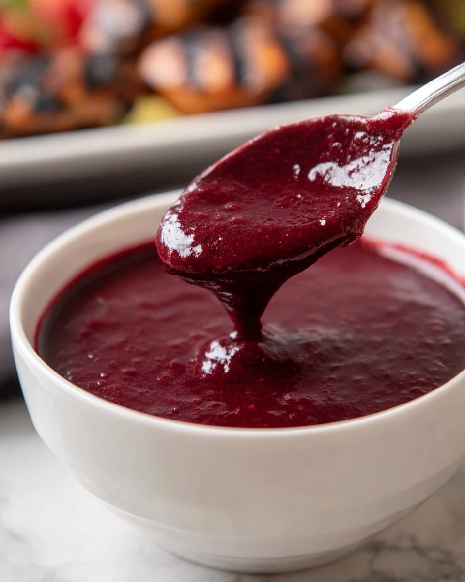 A close-up shot of a thick, dark red sauce being lifted by a spoon from a white bowl filled with the same sauce. The sauce has a smooth, slightly chunky texture and deep berry-red color. The bowl is placed on a white marbled surface, with an out-of-focus background showing grilled food on a white plate. The scene has a bright, natural light highlighting the richness of the sauce. Photo taken with an iphone --ar 4:5 --v 7