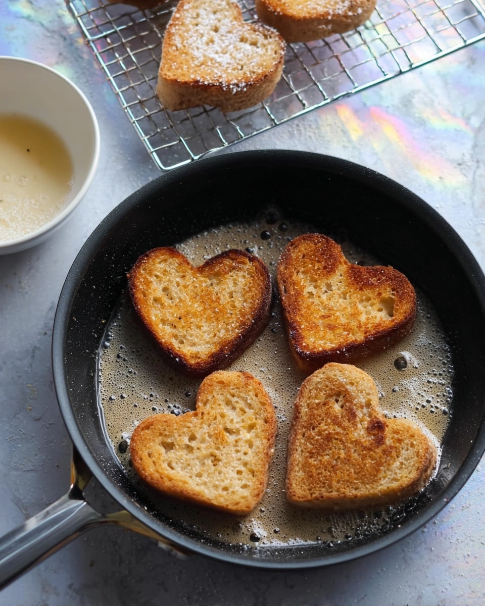 The image shows four heart-shaped pieces of bread frying in a black pan with melted butter bubbling around them. The bread pieces are golden brown with a slightly crispy texture on the edges, and they are arranged closely together in the pan. To the top left, more heart-shaped toasted bread pieces are cooling on a metal rack, sprinkled with sugar giving a slightly grainy texture. At the bottom left, there is a white bowl containing some leftover butter or sauce. The background is a white marbled surface with soft natural lighting creating a faint rainbow effect near the pan's handle. photo taken with an iphone --ar 4:5 --v 7