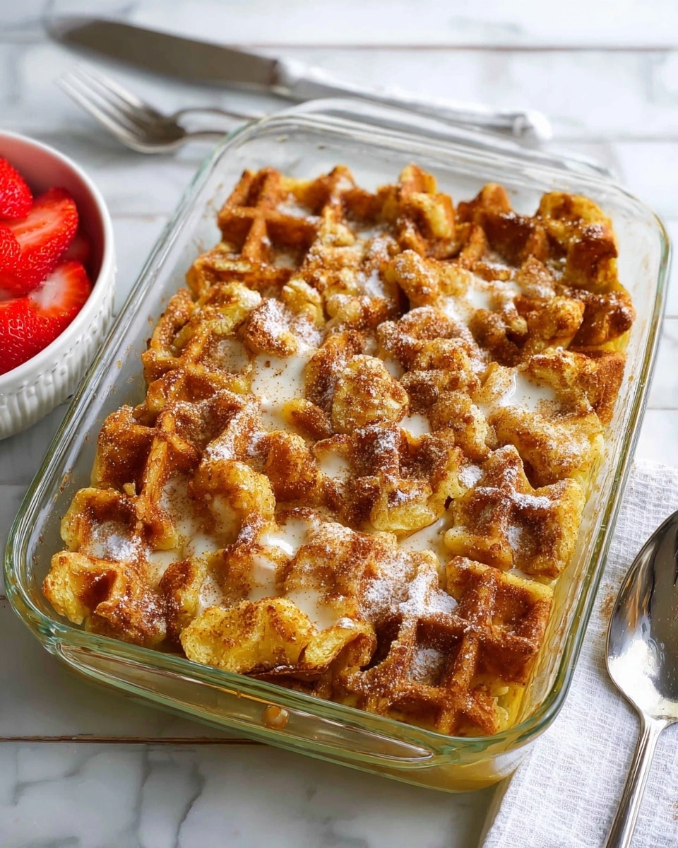 The image shows a clear rectangular glass dish filled with a baked dessert made of broken waffle pieces layered unevenly. The waffles have a golden-brown color with a crispy texture and some melted white sauce or cream is visible between the waffle pieces. There are light sprinkles of powdered sugar and cinnamon dusted on top, adding a bit of texture and color contrast. The dish sits on a white marbled surface with a white bowl of bright red sliced strawberries placed to the left side, and a silver knife and a spoon are partially visible in the background. The scene is lit with natural light, highlighting the warm tones of the waffles and the freshness of the strawberries. Photo taken with an iphone --ar 4:5 --v 7